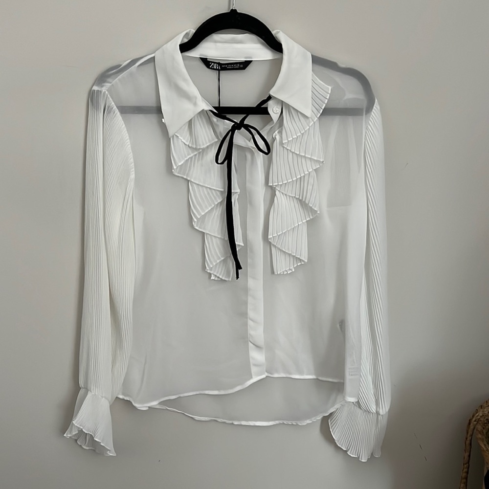 Zara White Tie Neck Blouse